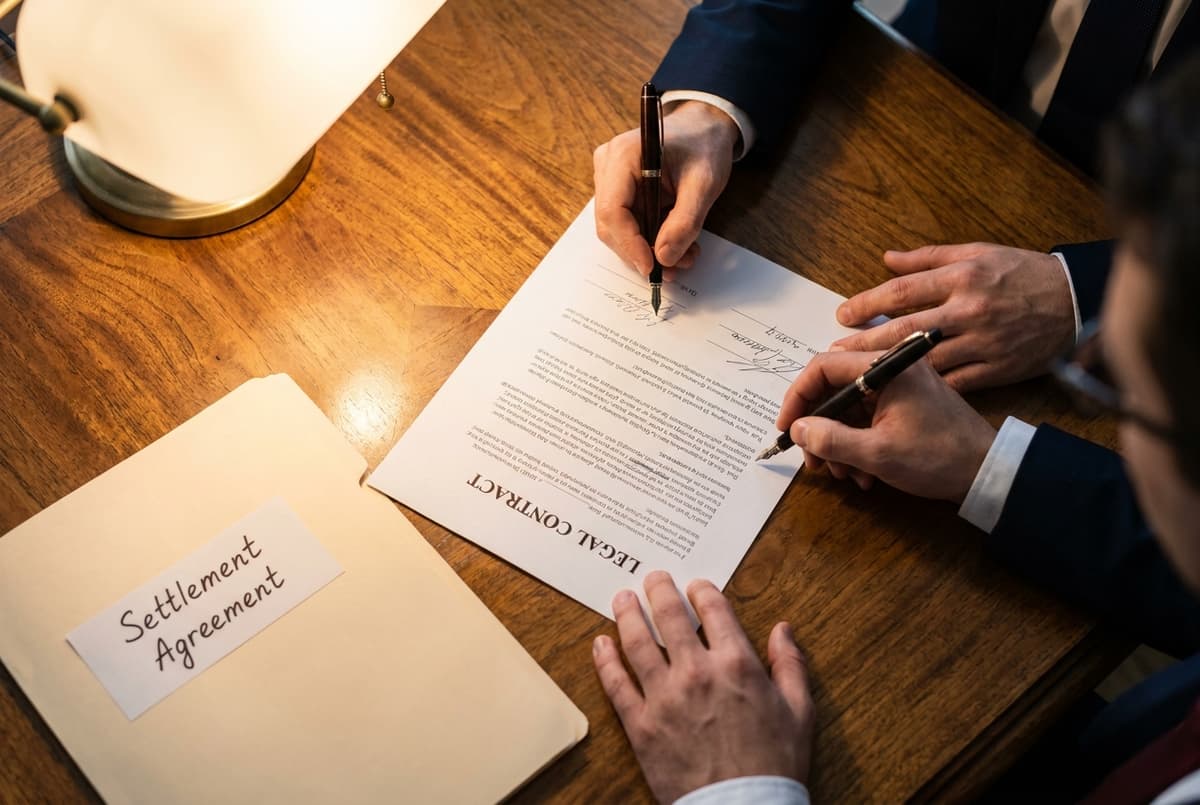 A signed settlement agreement on a desk